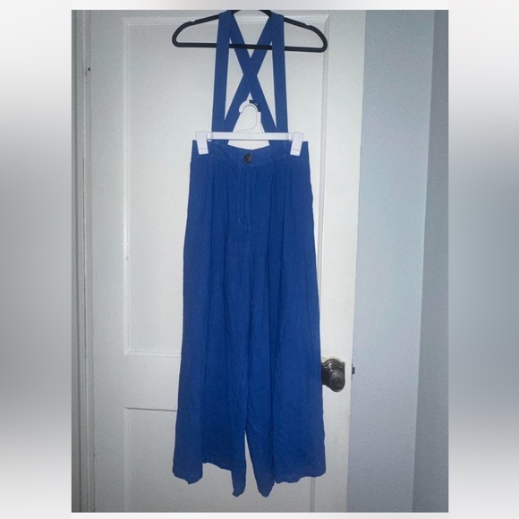 SMALL Fashion Brand Company French Blue Thick Linen Suspender Trousers - Picture 2 of 3